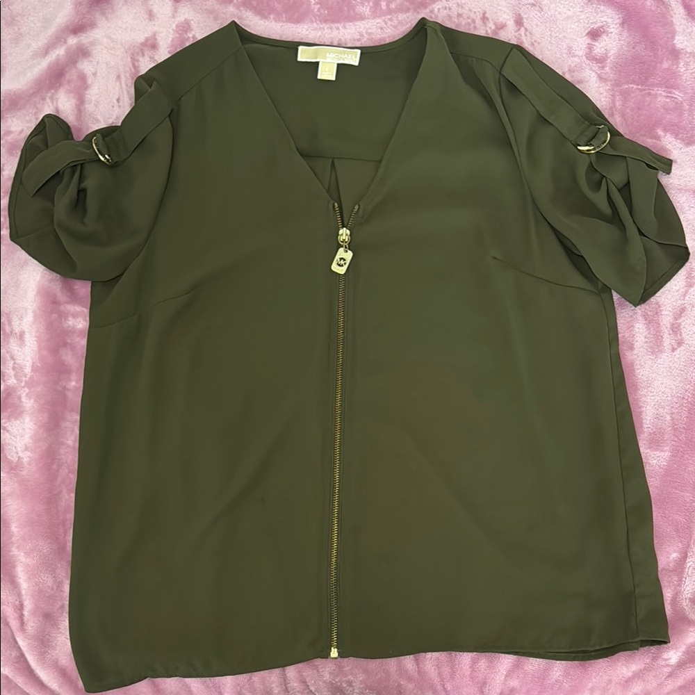 Michael Kors Green and Gold Puff Sleeve Blouse